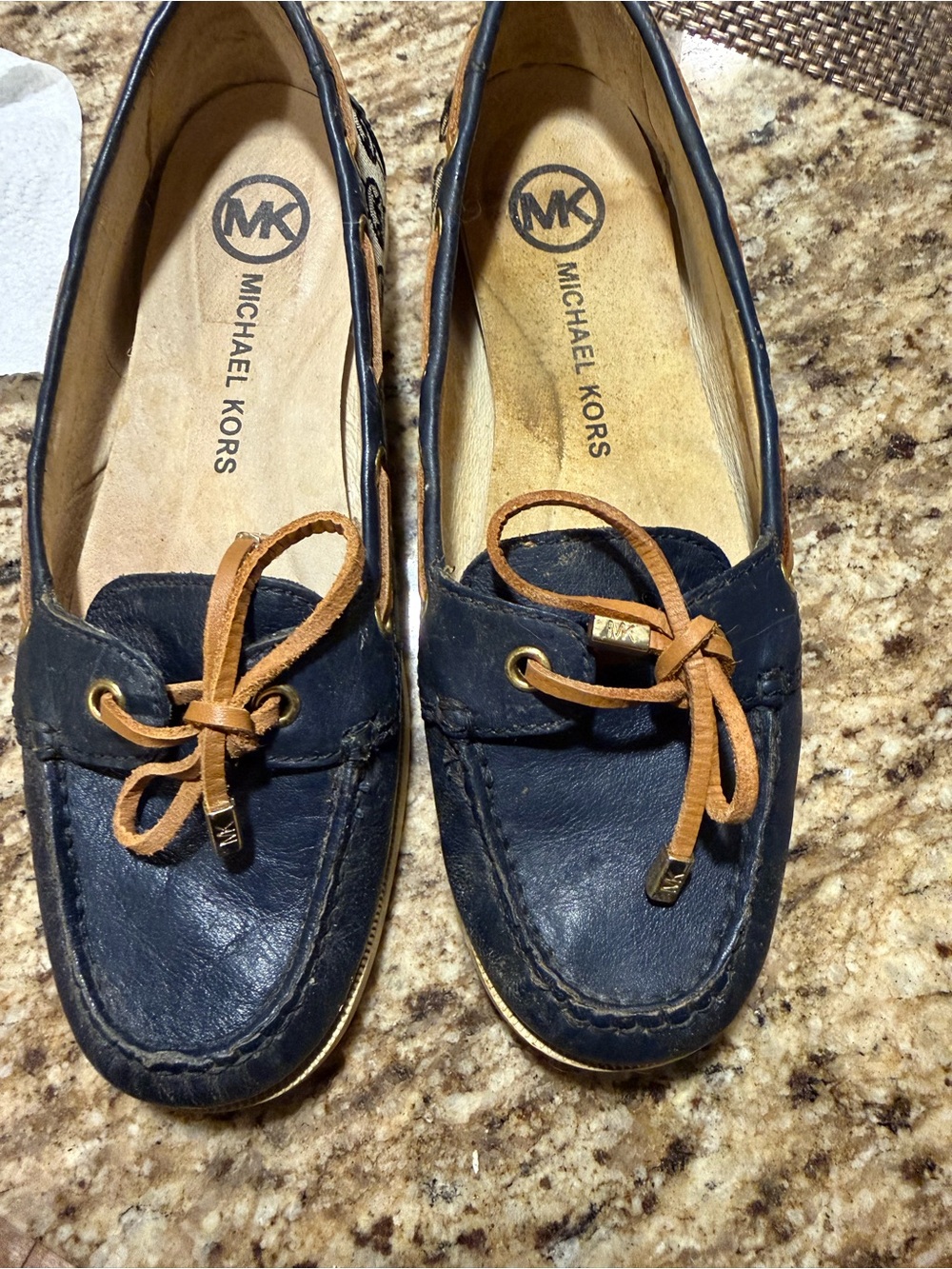 Michael Kors Navy Leather Moccasin Loafers with Tan Laces and Gold Accents